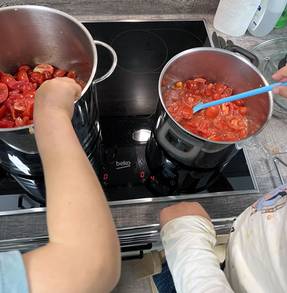 in zwei Töpfen kochen Kinder die Tomaten zur Soße